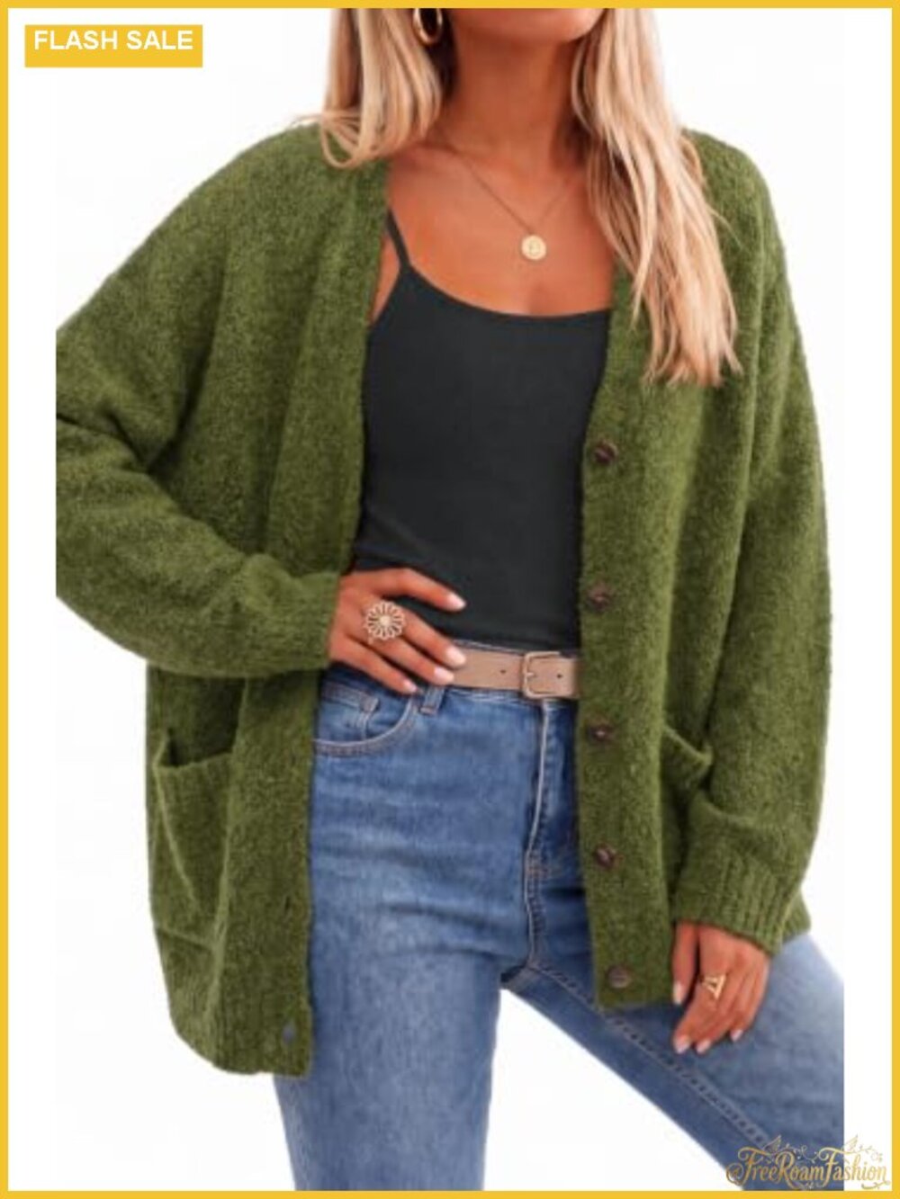 Oversized Chunky Wool Blend Cardigan Button Front V-Neck